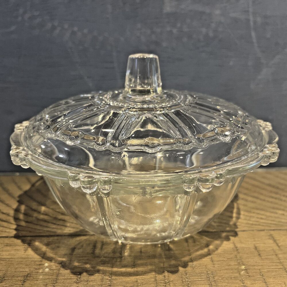 Vintage KIG Indonesia Beaded Glass Covered Candy Dish Bowl lid Clear Decor